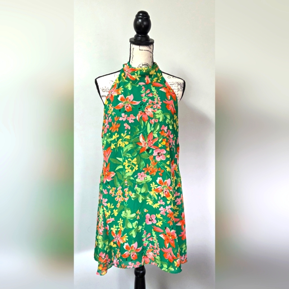 Vince Camuto Green Floral Bow Neck Mini Dress In size 14